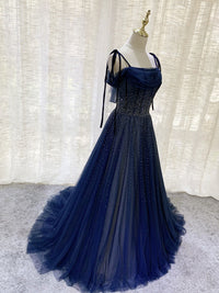 Dark blue tulle sequin long prom dress, dark blue evening dress