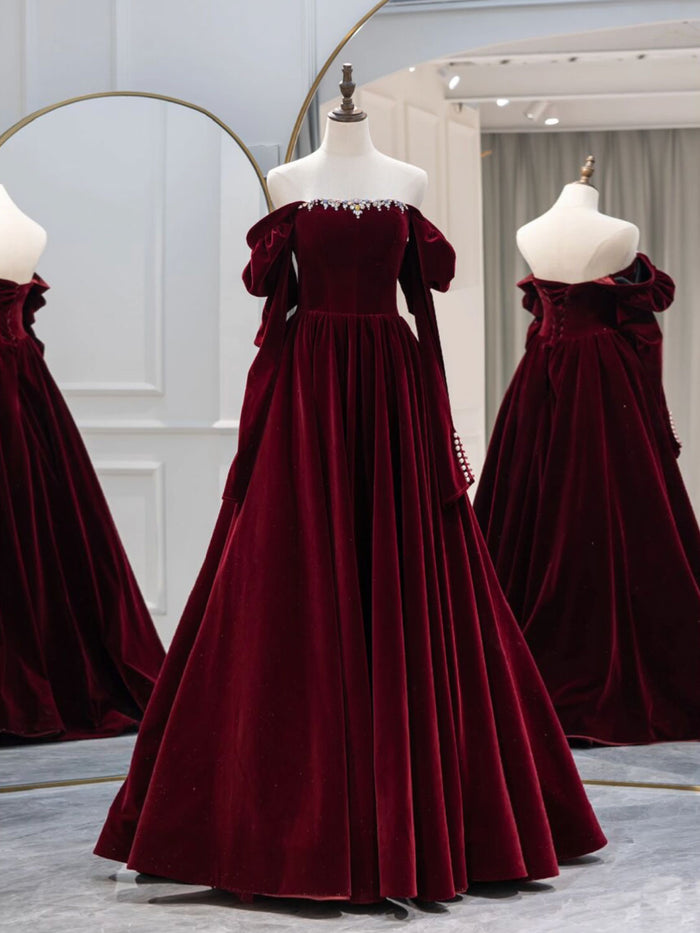 A-Line Burgundy Velvet Long Prom Dress, Burgundy Evening Dresses