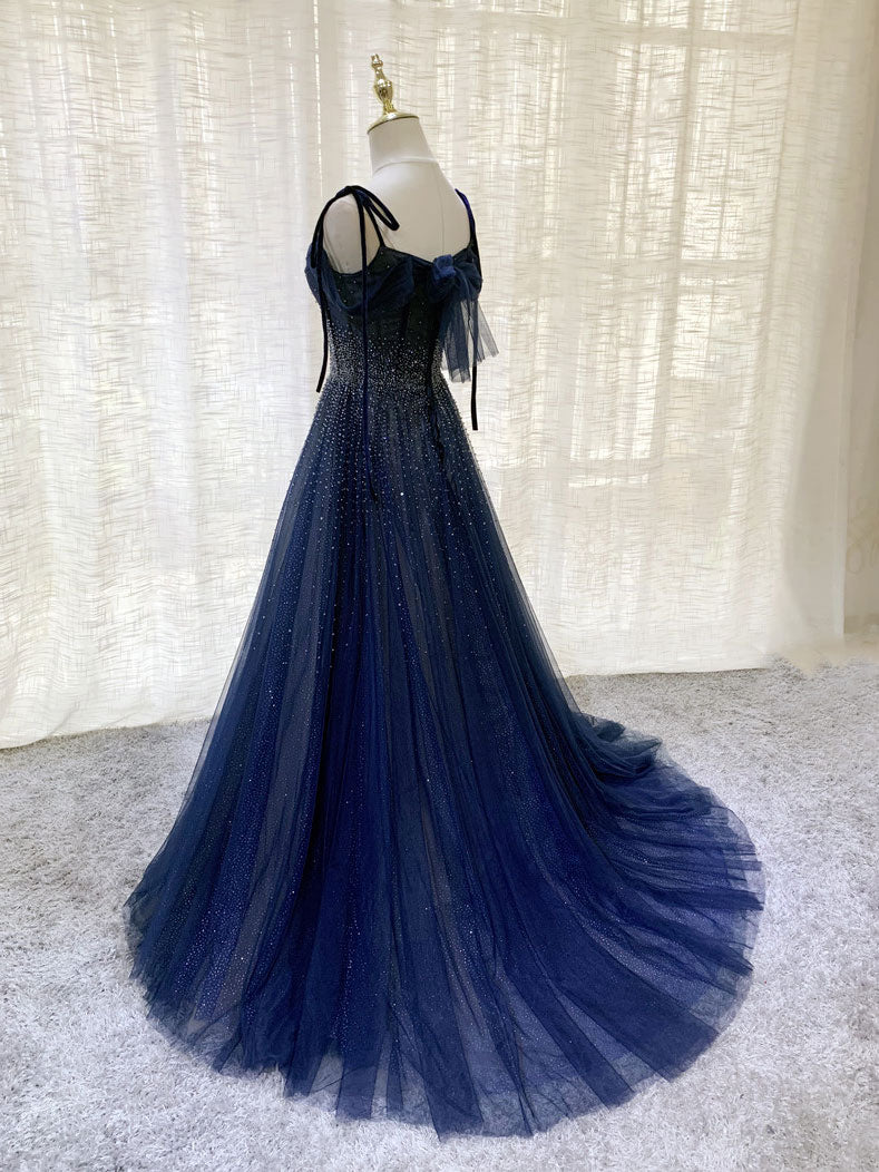 Dark blue tulle sequin long prom dress, dark blue evening dress Dark blue tulle sequin long prom dress, dark blue evening dress
