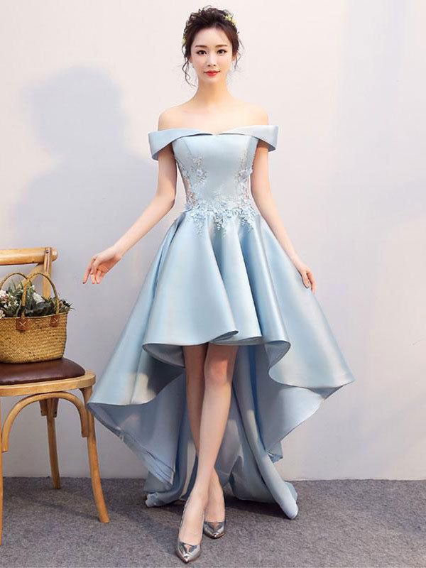 Blue lace satin high low prom dress, blue homecoming dress toptby Blue lace satin high low prom dress, blue homecoming dress toptby