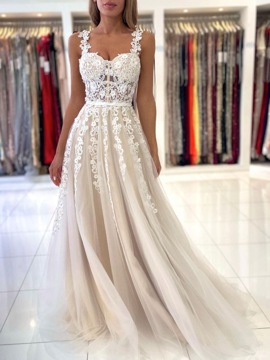 A-Line Sweetheart Neck Tulle Lace Champagne Long Prom Dress, Lace Even toptby A-Line Sweetheart Neck Tulle Lace Champagne Long Prom Dress, Lace Even toptby