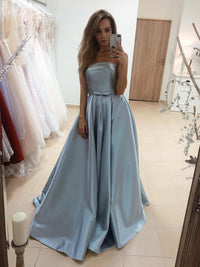 Simple blue satin long prom dress blue satin bridesmaid dress