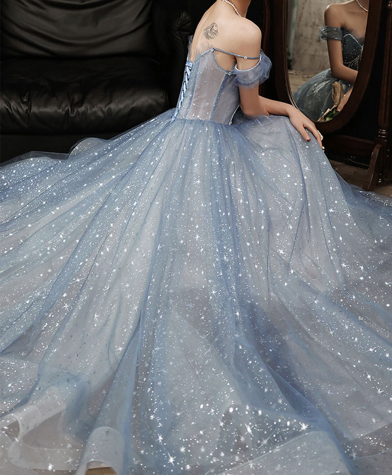 Blue tulle lace long prom dress, blue lace sweet 16 dress