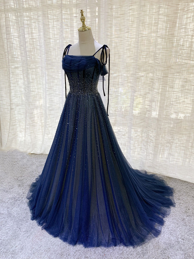 Dark blue tulle sequin long prom dress, dark blue evening dress – toptby