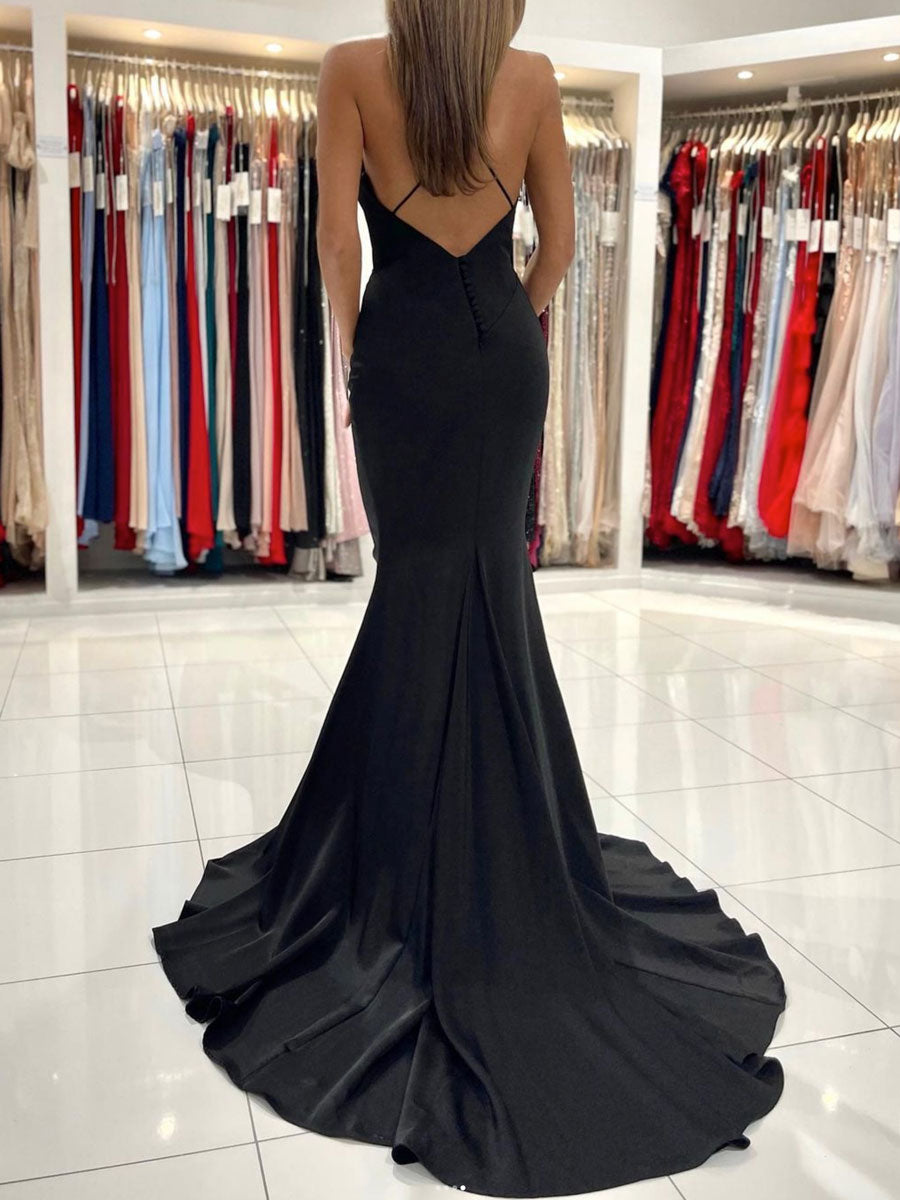 Simple black backless long prom dress, mermaid black evening dress