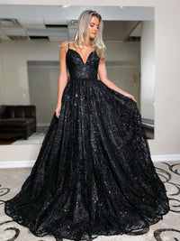 Black A line tulle sequin long prom dress, black evening dress