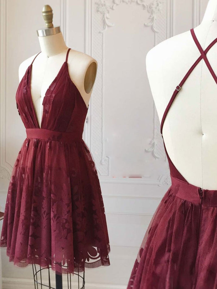 Burgundy lace short prom dress, burgundy homecoming dress