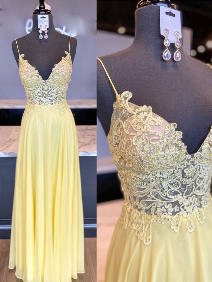 Yellow chiffon lace long prom dress yellow evening dress
