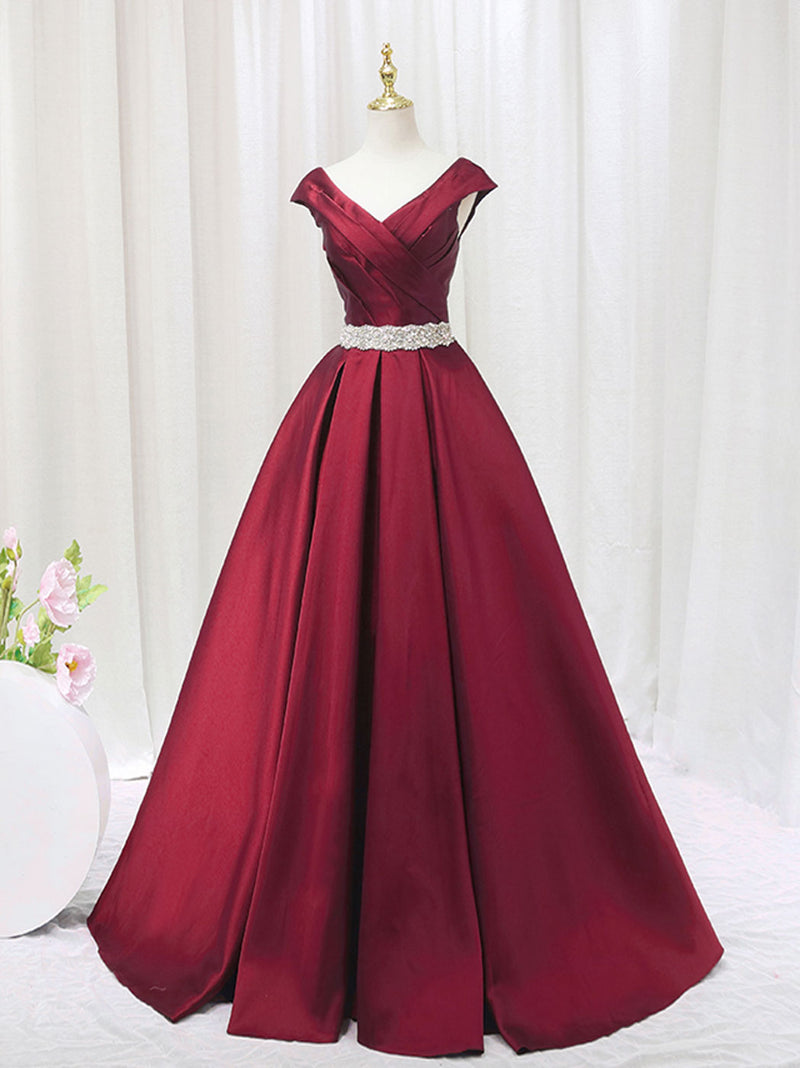 A-Line Satin V Neck Burgundy Long Prom Dress, Burgundy Formal Dresses