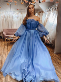 Blue tulle long prom dress, blue tulle long evening dress