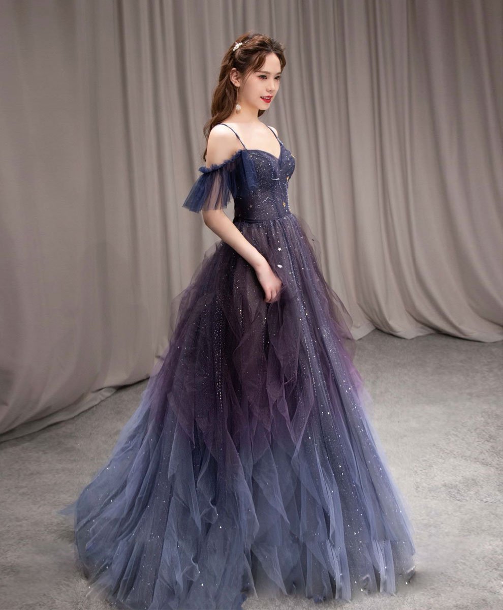 Dark starry sky purple tulle long prom dress purple evening dress Dark starry sky purple tulle long prom dress purple evening dress