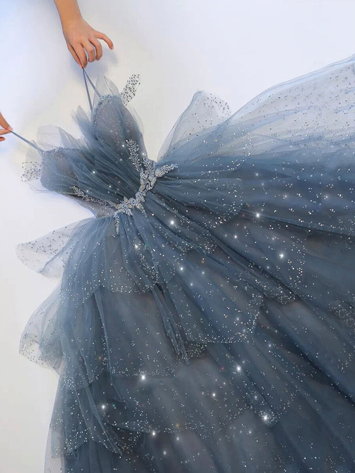 Gray blue tulle sequin long prom dress, gray blue tulle formal dress