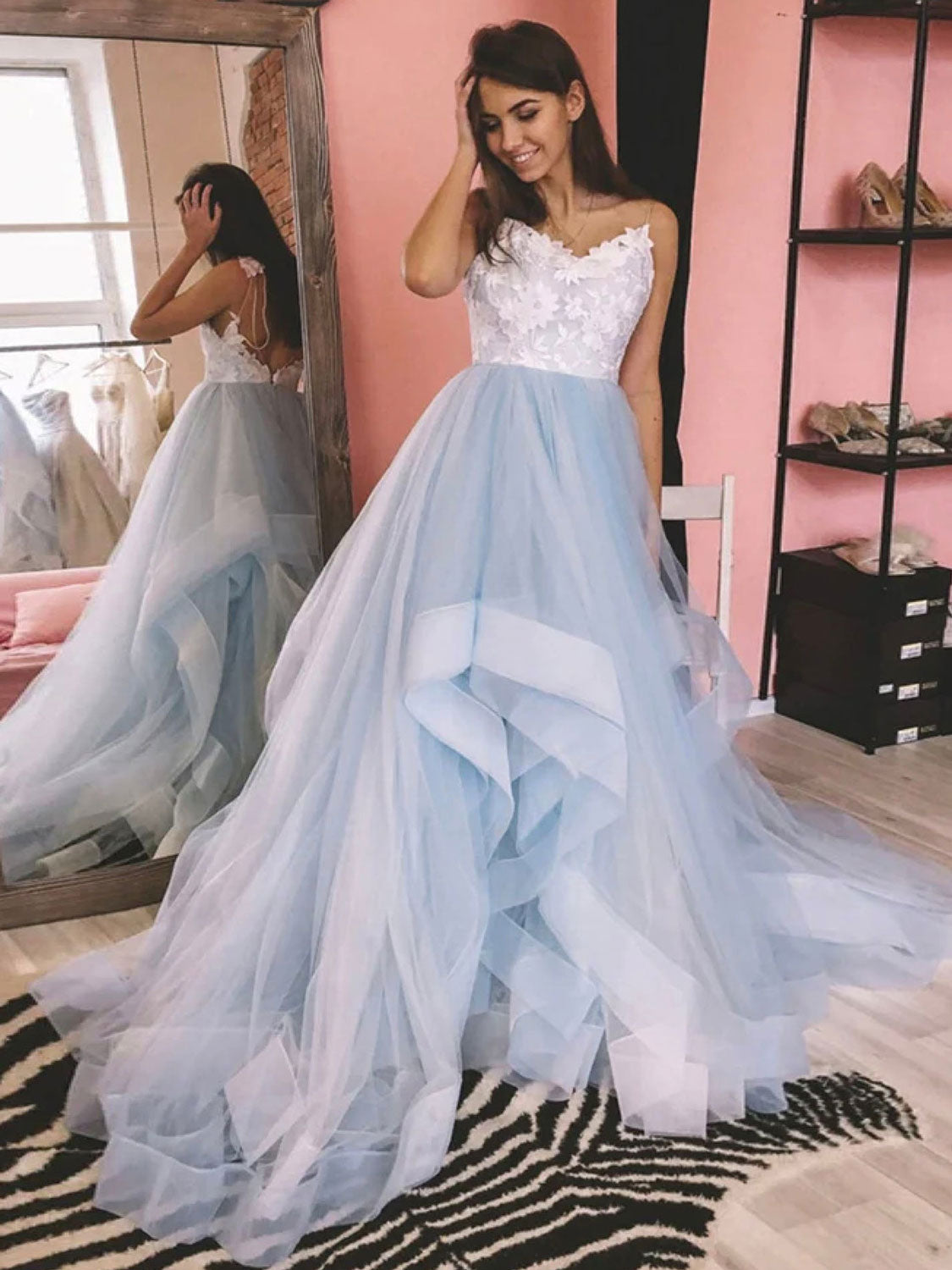 V neck tulle lace blue prom dress backless formal blue evening dress