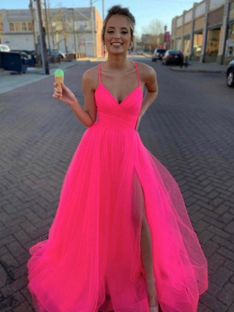 Simple A-line tulle pink long prom dress pink formal dress
