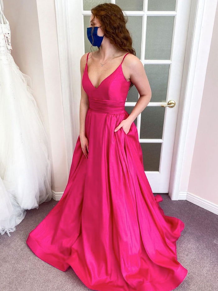Simple pink v neck satin long prom dress pink formal dress