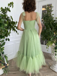 Simple green tea length prom dress, green evening dress