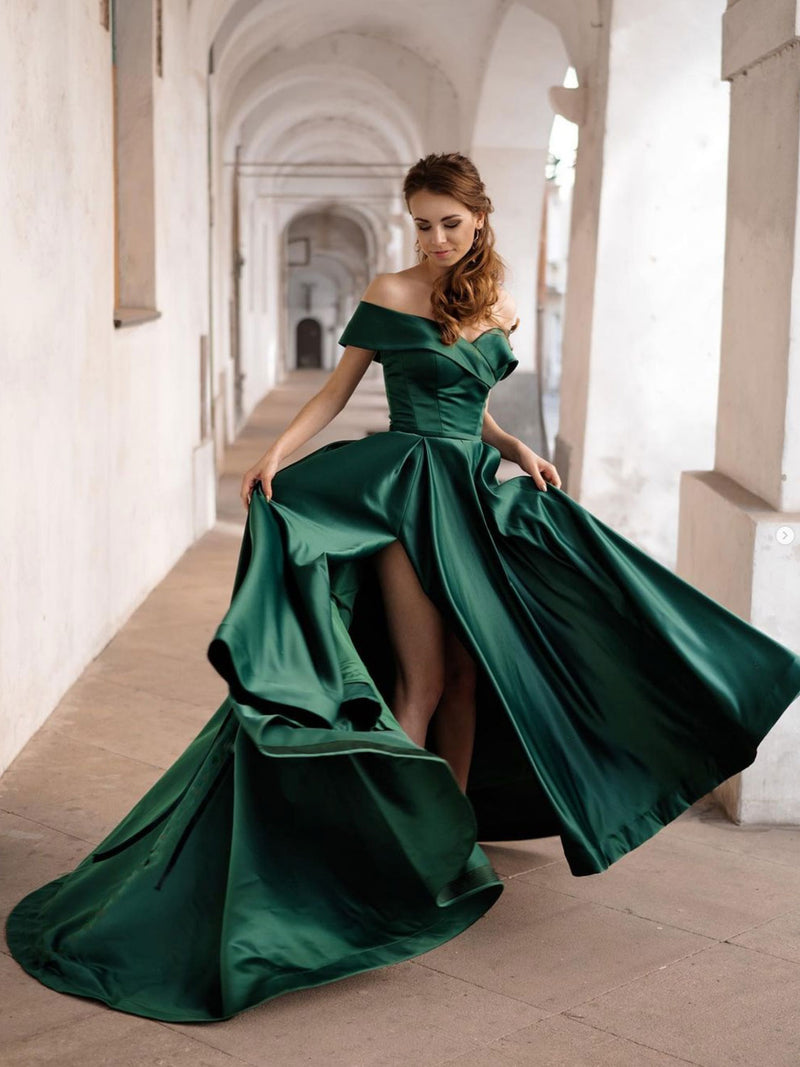 Simple green off shoulder satin long prom dress, green evening dress toptby Simple green off shoulder satin long prom dress, green evening dress toptby