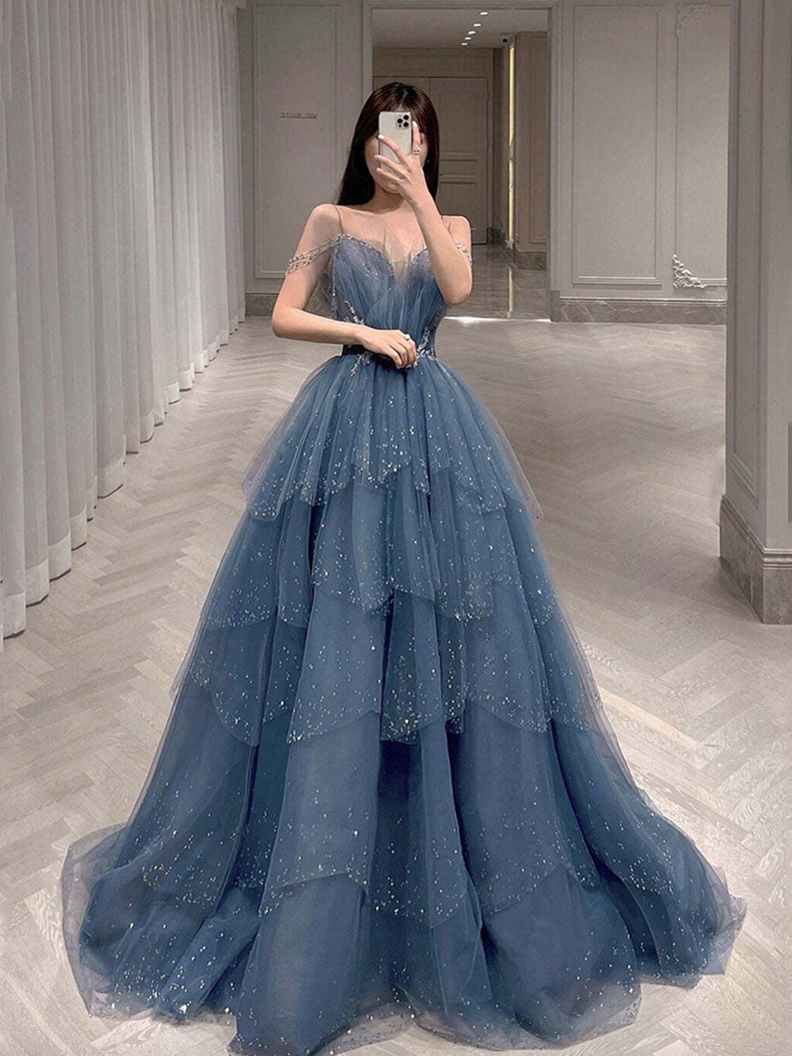 Gray blue tulle sequin long prom dress, gray blue tulle formal dress toptby Gray blue tulle sequin long prom dress, gray blue tulle formal dress toptby