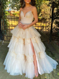 Light champagne tulle long prom dress, champagne evening dress