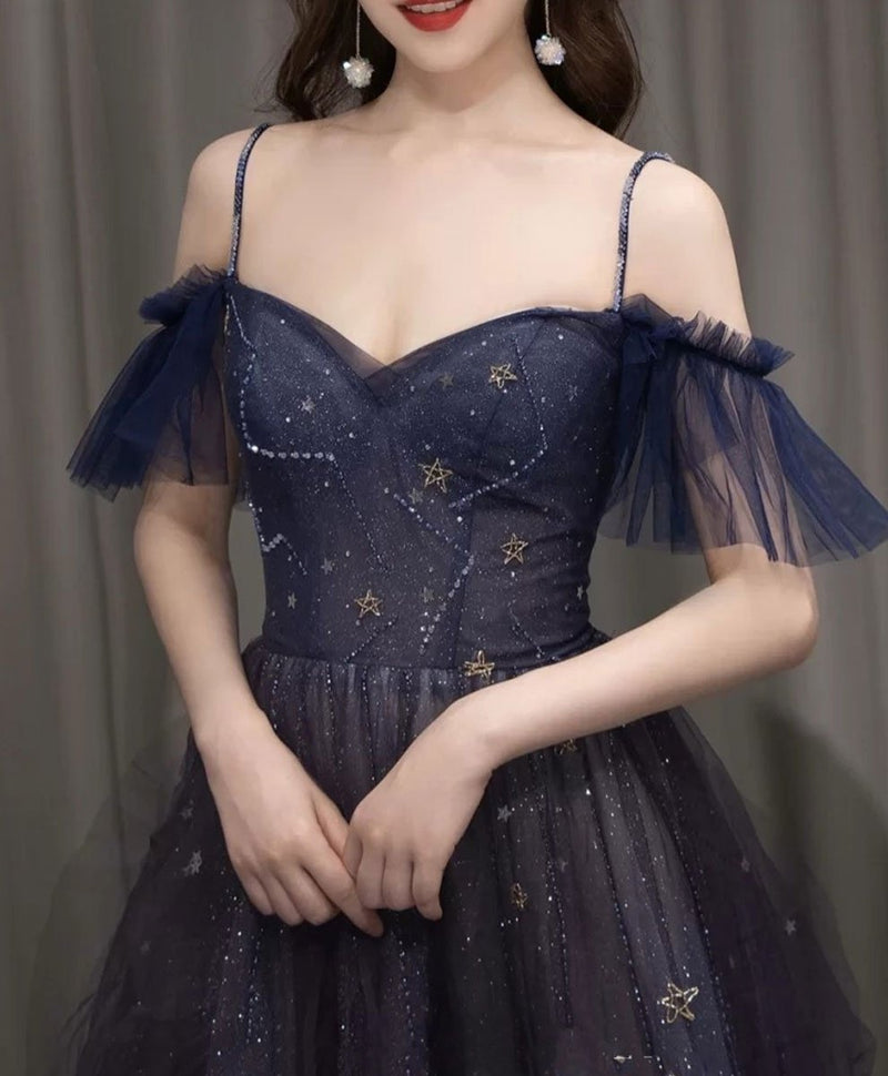 Dark starry sky purple tulle long prom dress purple evening dress toptby Dark starry sky purple tulle long prom dress purple evening dress toptby