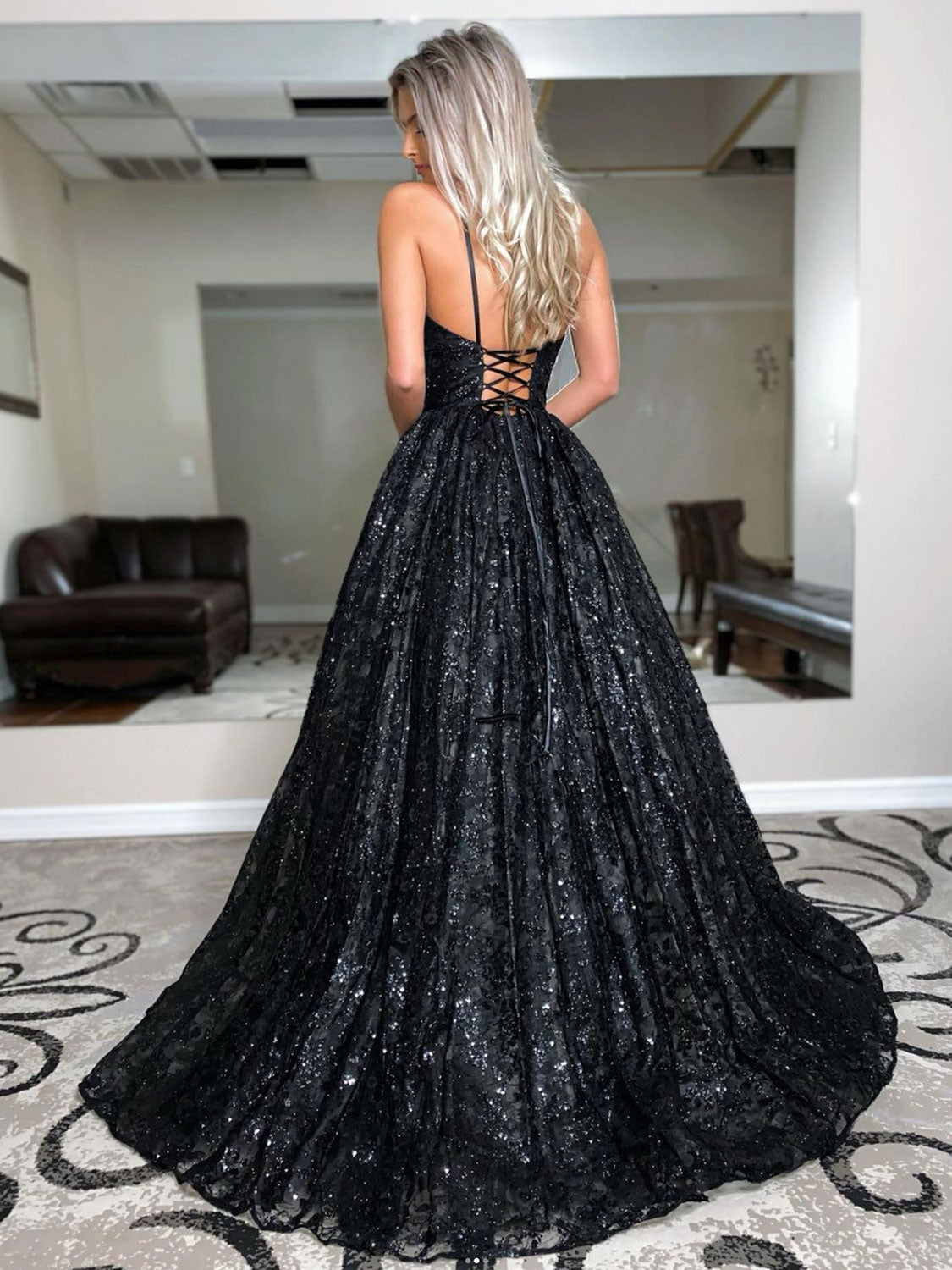 Black A line tulle sequin long prom dress, black evening dress