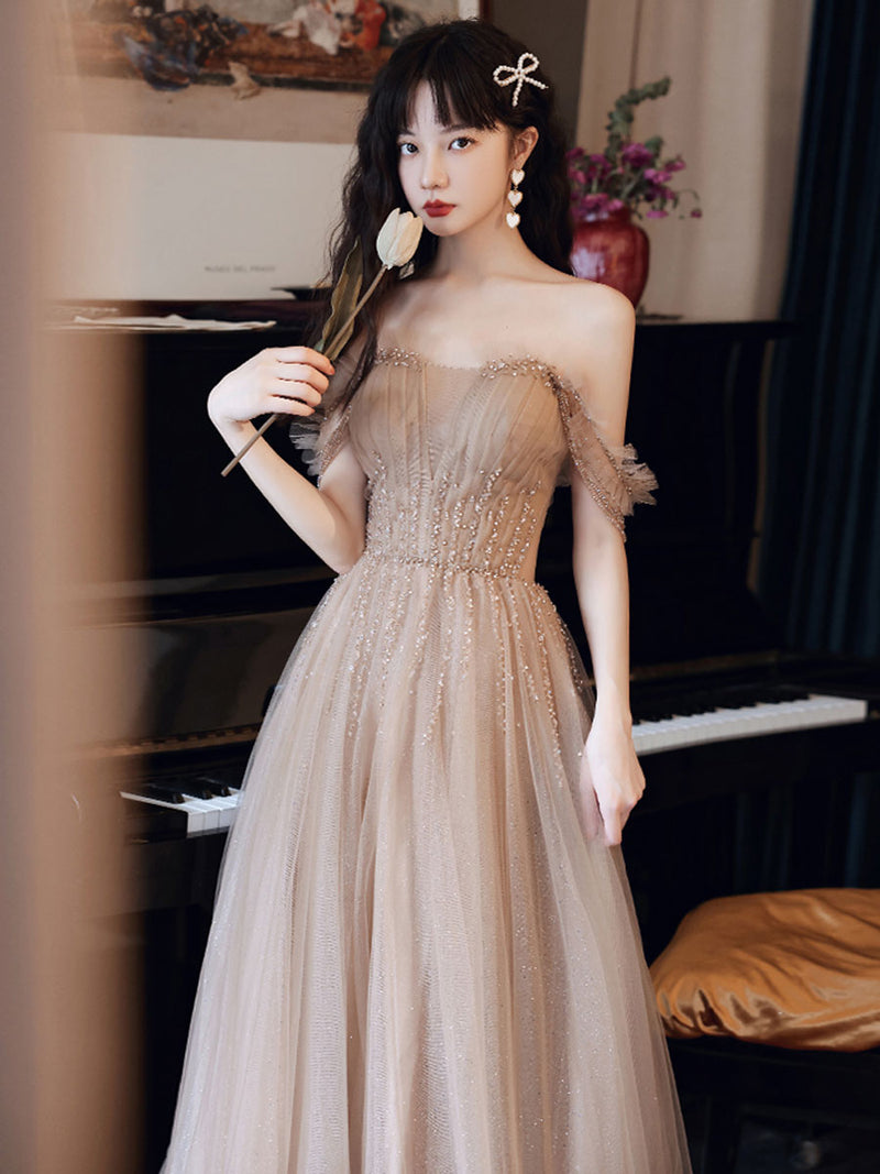 Champagne tulle beads long prom dress, champagne evening dress toptby Champagne tulle beads long prom dress, champagne evening dress toptby