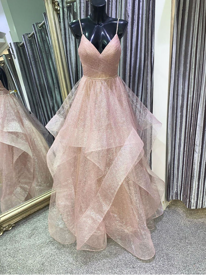 Champagne pink tulle sequin long prom dress pink evening dress