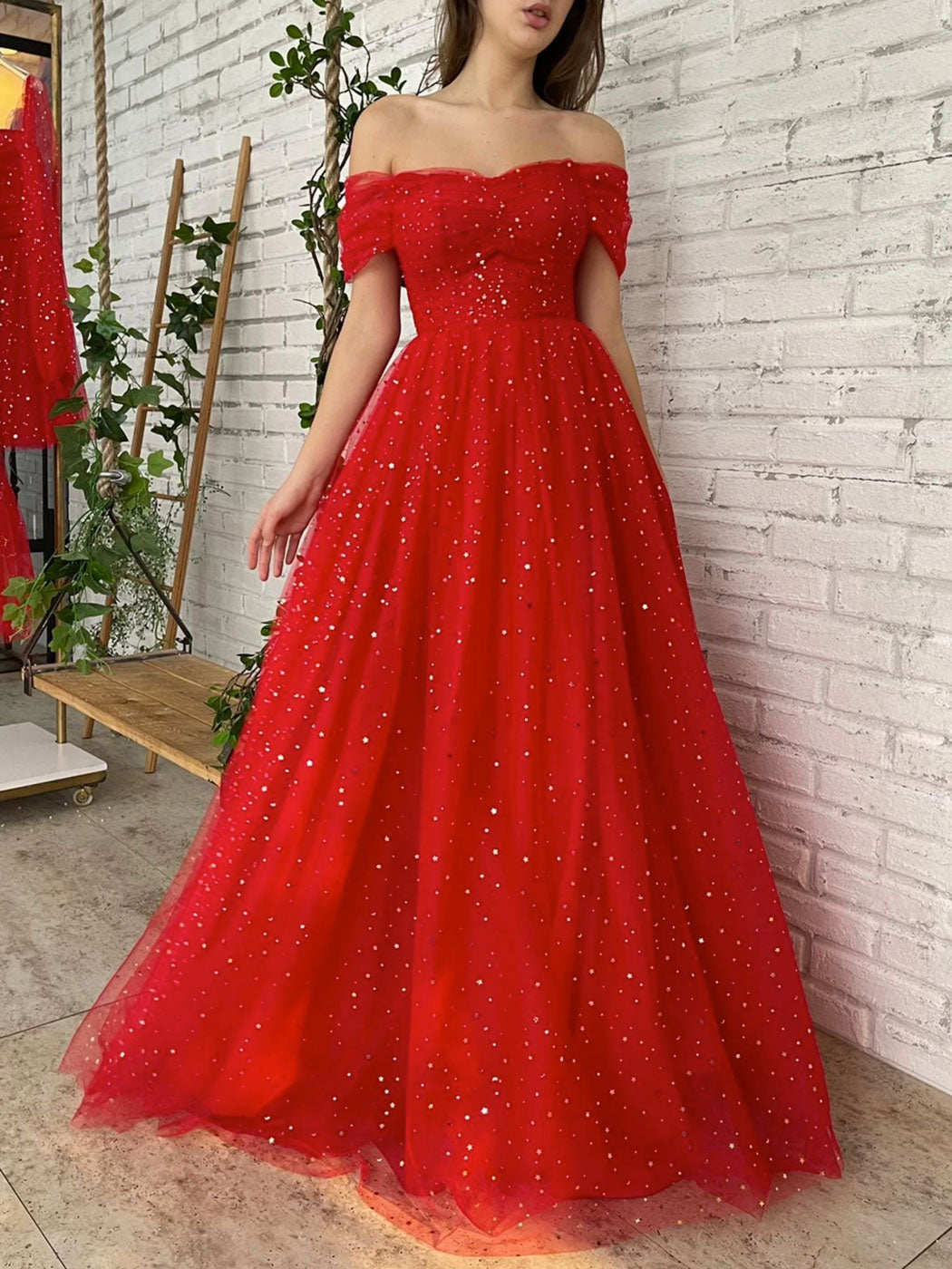 Off Shoulder A line Tulle Red Long Prom Dresses, Red Long Formal Bridesmaid Dresses.