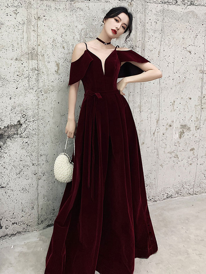 Simple v neck velvet long prom dress, burgundy formal evening dress
