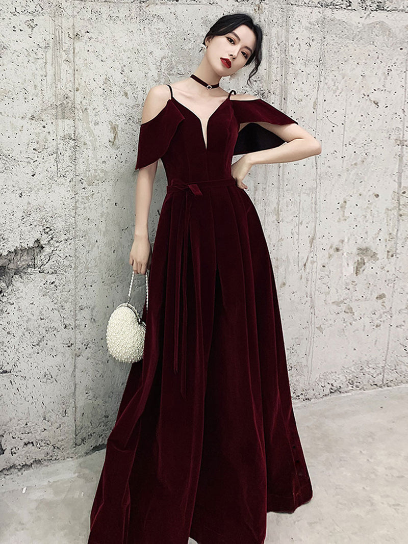 Simple v neck velvet long prom dress, burgundy formal evening dress toptby Simple v neck velvet long prom dress, burgundy formal evening dress toptby