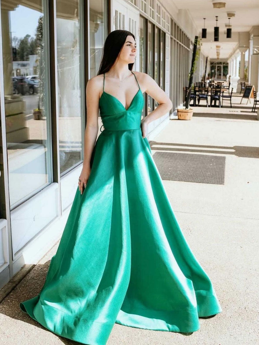 simple green prom dress v neck tulle long green formal dress – toptby 39.75 Hollow to Floor Color:Red White Dot Light-Grey-Suit Green Dresses | Sage