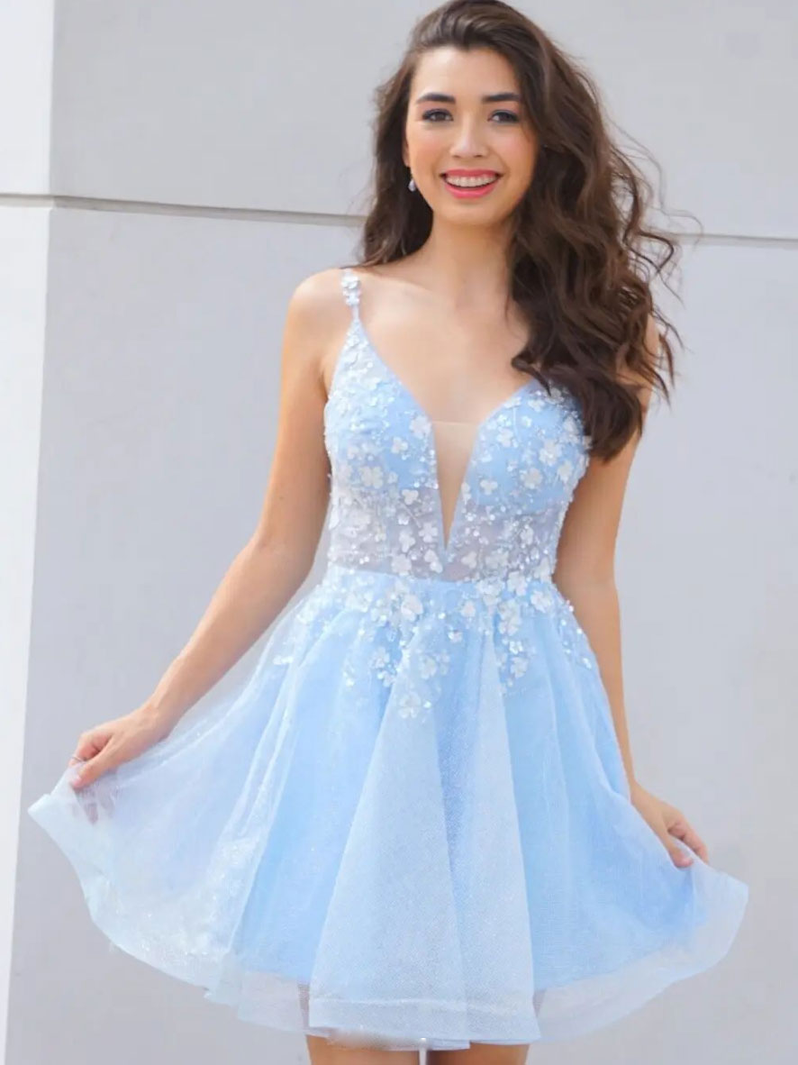Blue v neck tulle lace short prom dress, blue formal dress