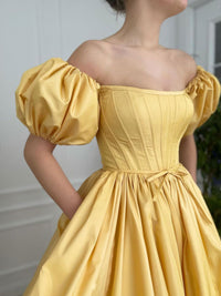 Simple yellow satin long prom dress, yellow evening dress – toptby