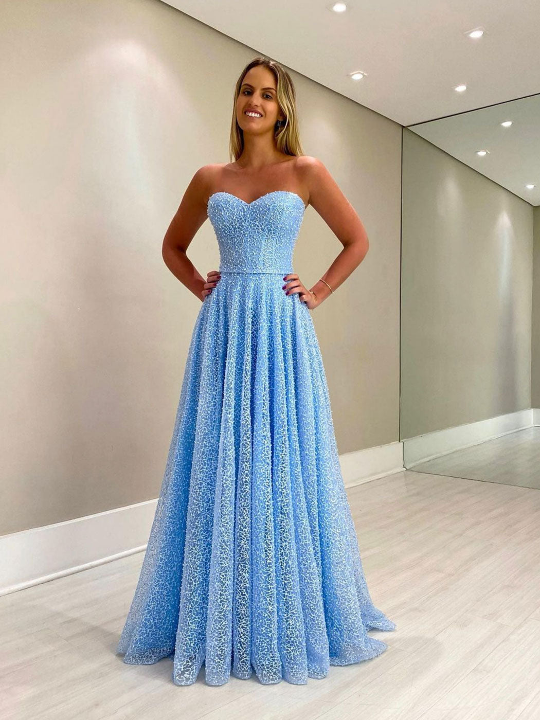 Blue sweetheart neck tulle long prom dress, A line blue evening dress toptby Blue sweetheart neck tulle long prom dress, A line blue evening dress toptby