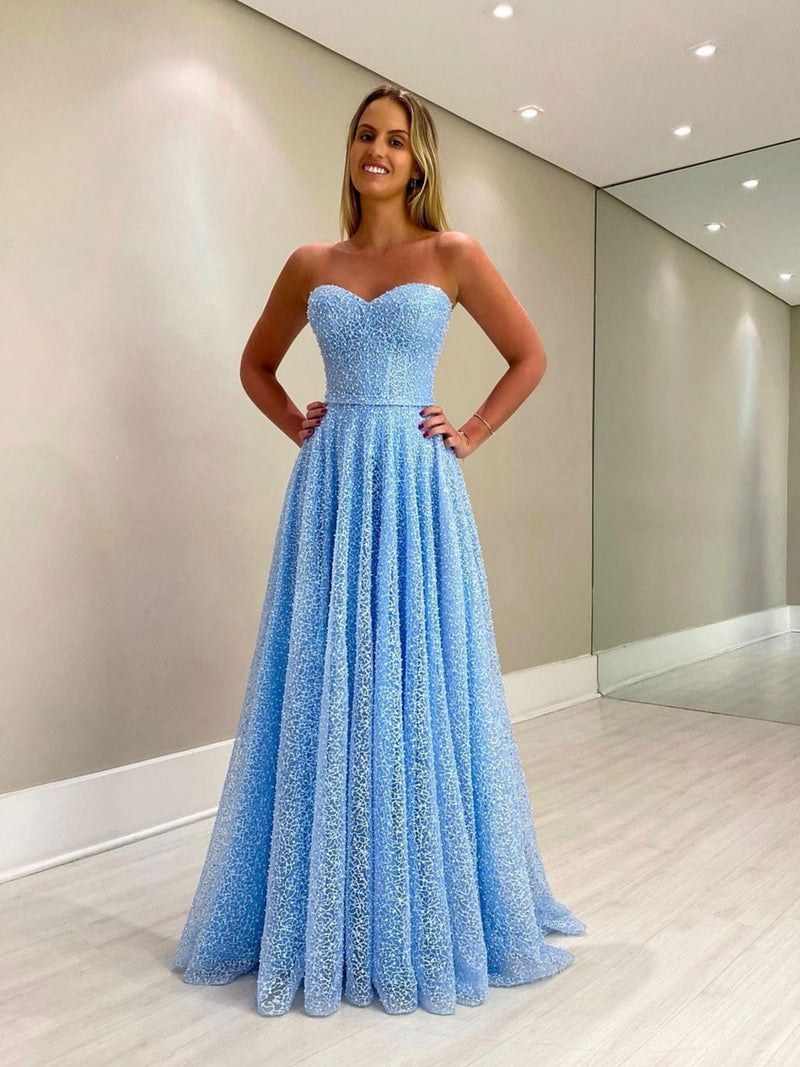 Blue sweetheart neck tulle long prom dress, A line blue evening dress – toptby