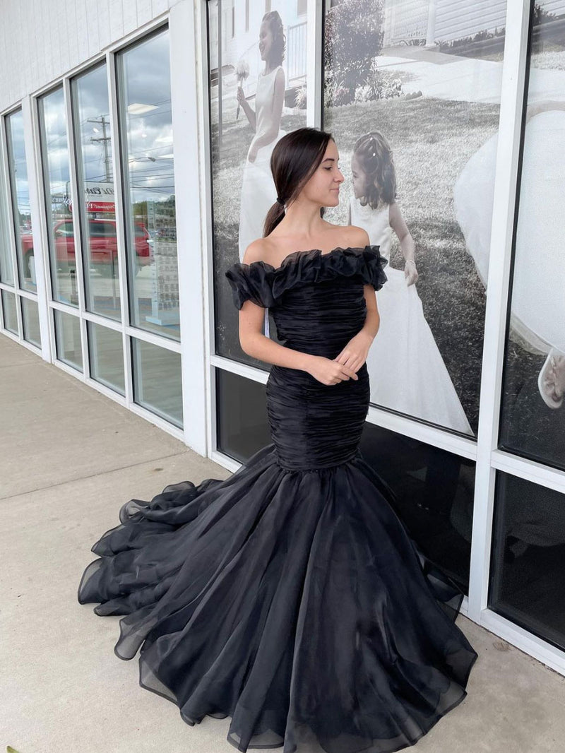 Simple black tulle mermaid long prom dress, black evening dress