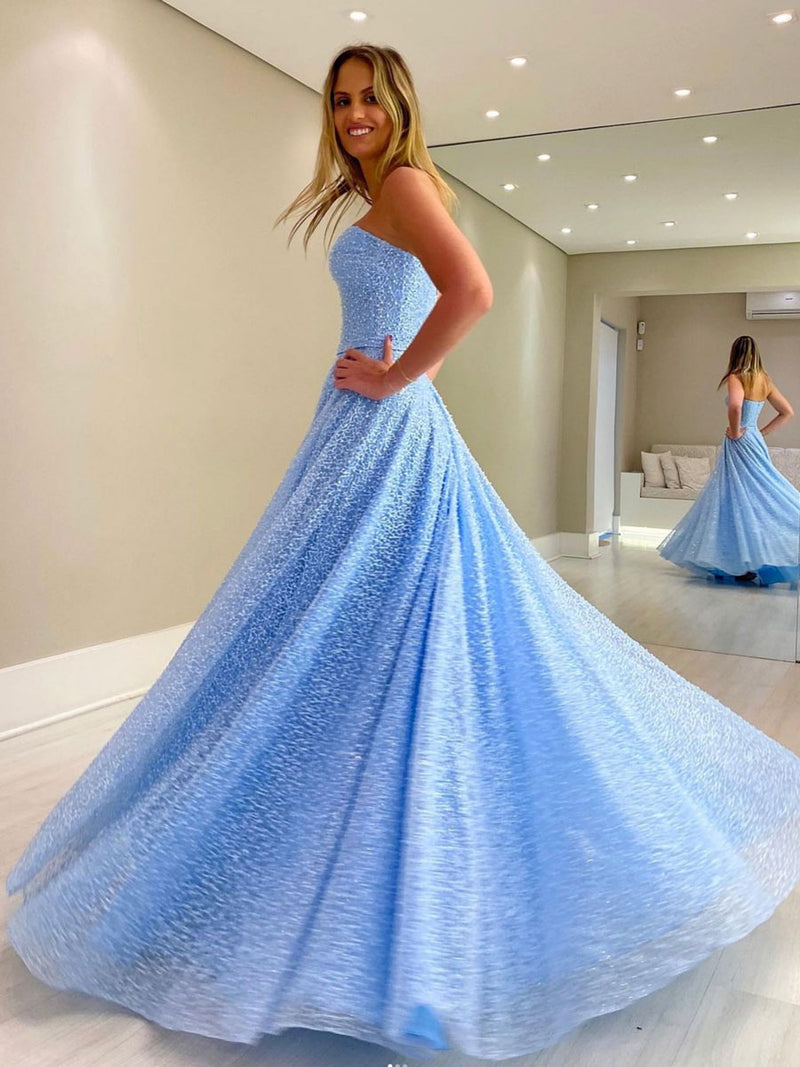 Blue sweetheart neck tulle long prom dress, A line blue evening dress