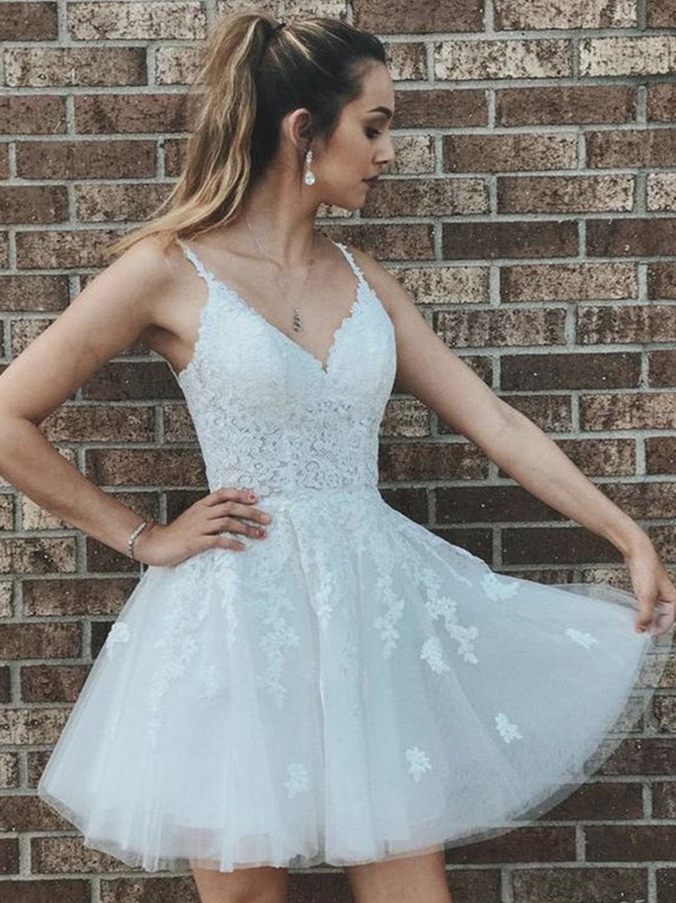 White lace homecoming on sale dress