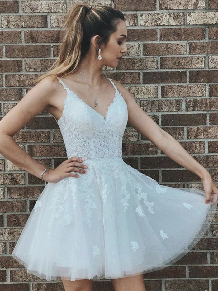 White v neck tulle lace short prom dress, white lace homecoming dress