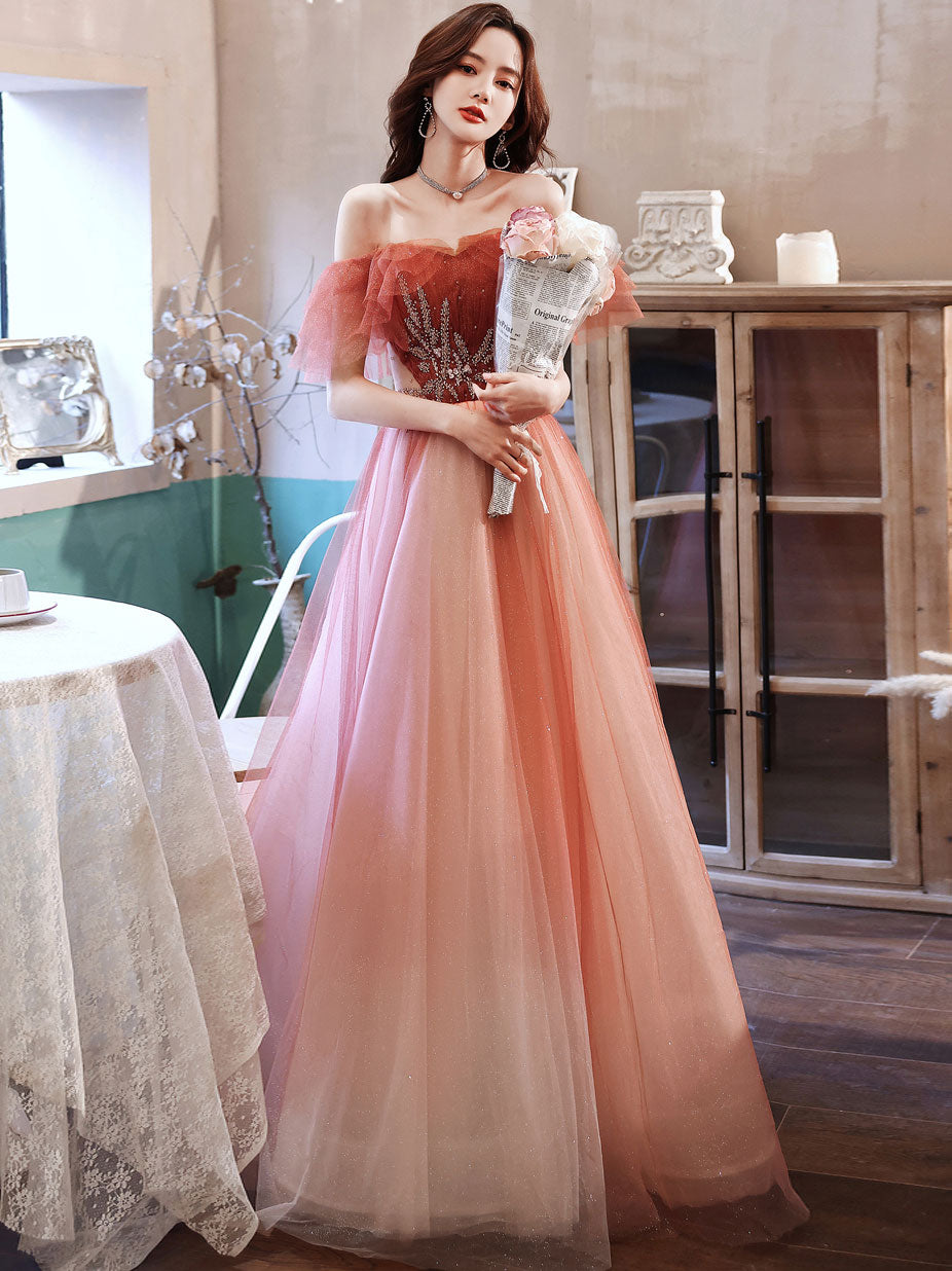 Burgundy tulle long prom dress, burgundy tulle formal dress – toptby