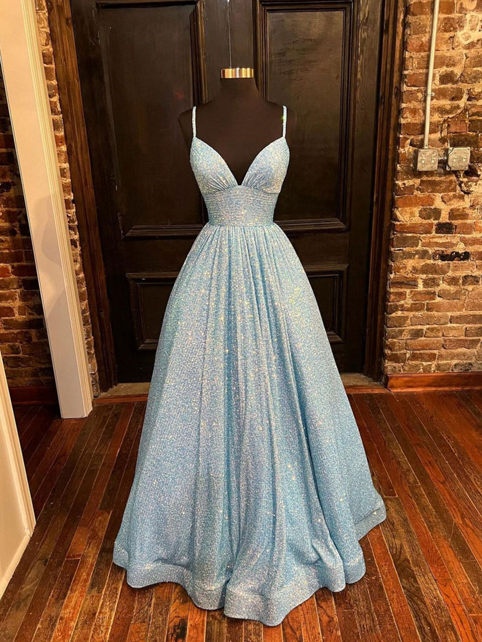 Blue sequin long prom dress, blue sequin A line evening dress