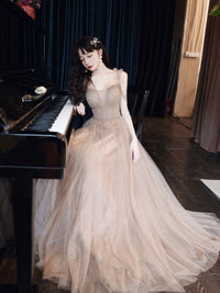 Champagne tulle beads long prom dress, champagne evening dress