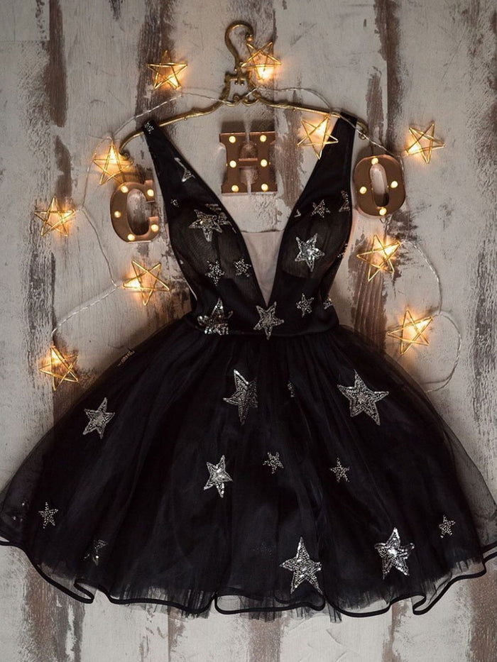 Black v neck tulle short prom dress black homecoming dress
