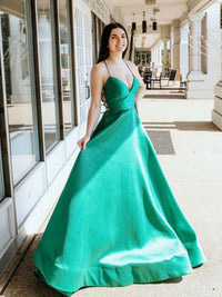 Simple v neck green tulle long prom dress green formal dress