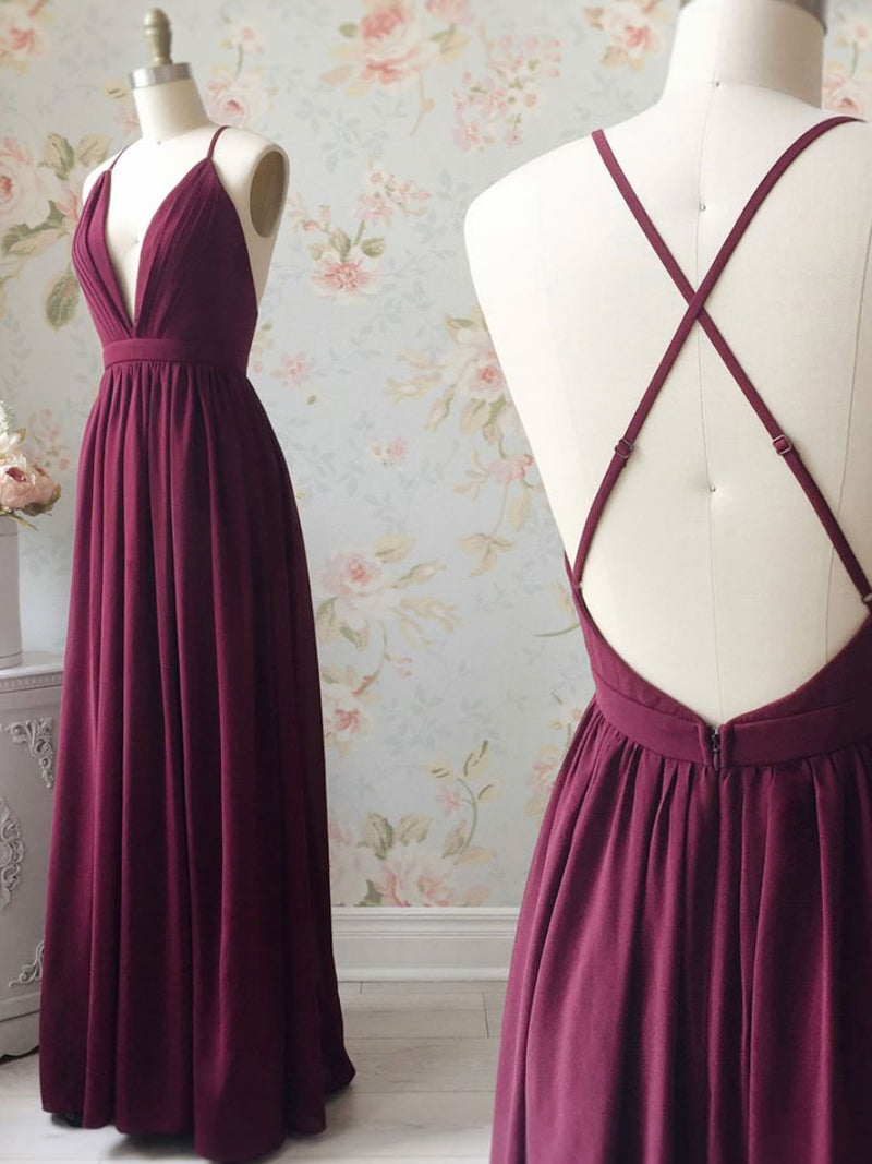 Simple v neck chiffon long prom dress, burgundy evening dress