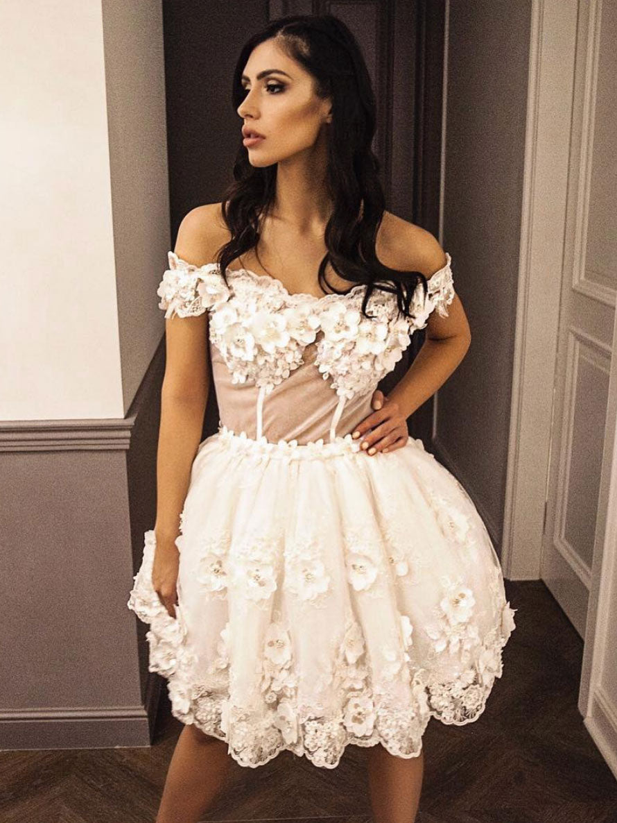White tulle lace short prom dress, white homecoming dress
