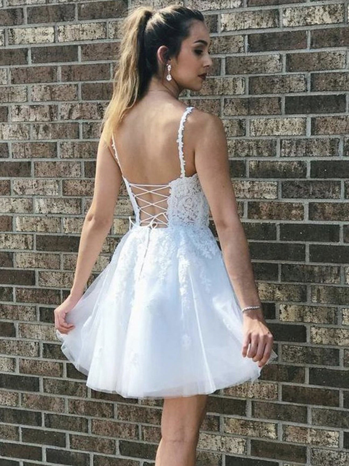 White v neck tulle lace short prom dress, white lace homecoming dress toptby White v neck tulle lace short prom dress, white lace homecoming dress toptby