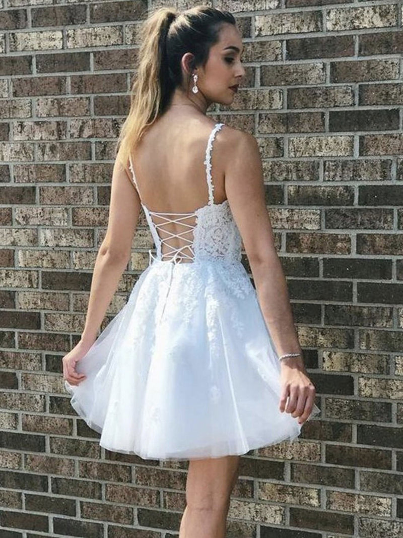 White v neck tulle lace short prom dress, white lace homecoming dress