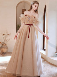 Champagne tulle beads long prom dress, A line tulle formal dress