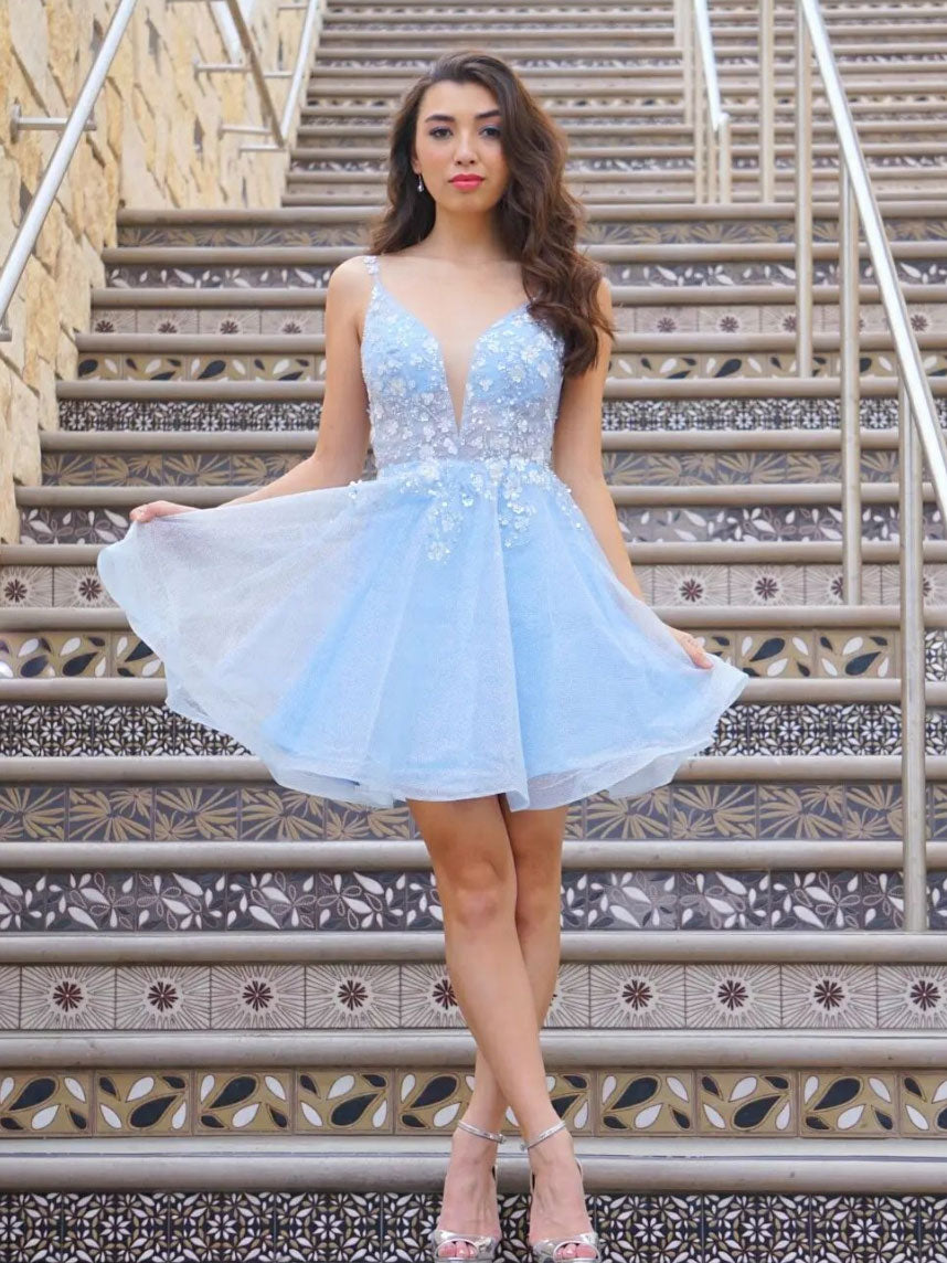 Blue v neck tulle lace short prom dress, blue formal dress Blue v neck tulle lace short prom dress, blue formal dress